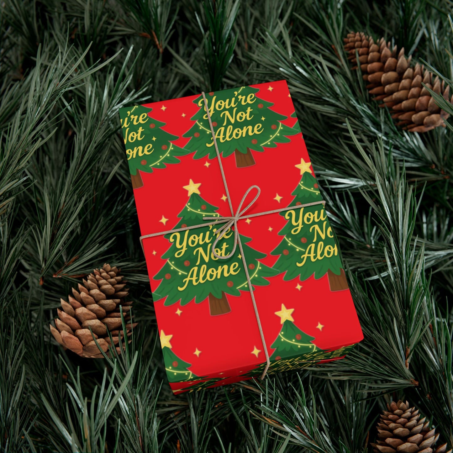 “You’re Not Alone” Holiday Wrapping Paper | Red & Green Christmas Gift Wrap with Uplifting Message