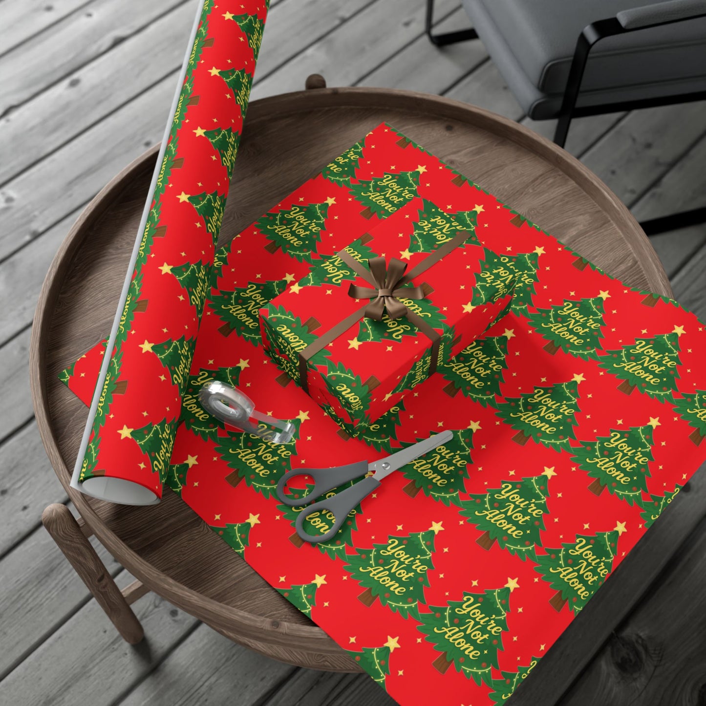 “You’re Not Alone” Holiday Wrapping Paper | Red & Green Christmas Gift Wrap with Uplifting Message