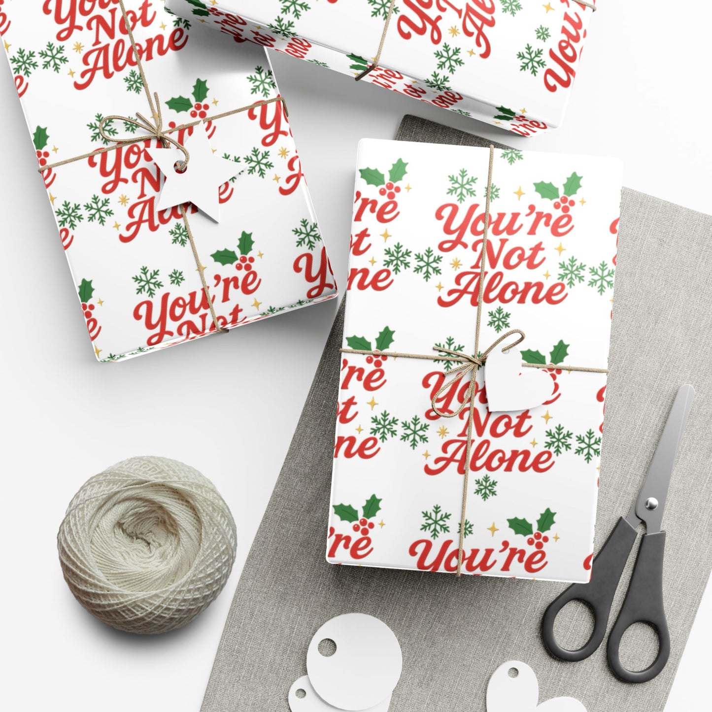 You’re Not Alone Holiday Wrapping Paper | Red & Green Festive Gift Wrap with Positive Message