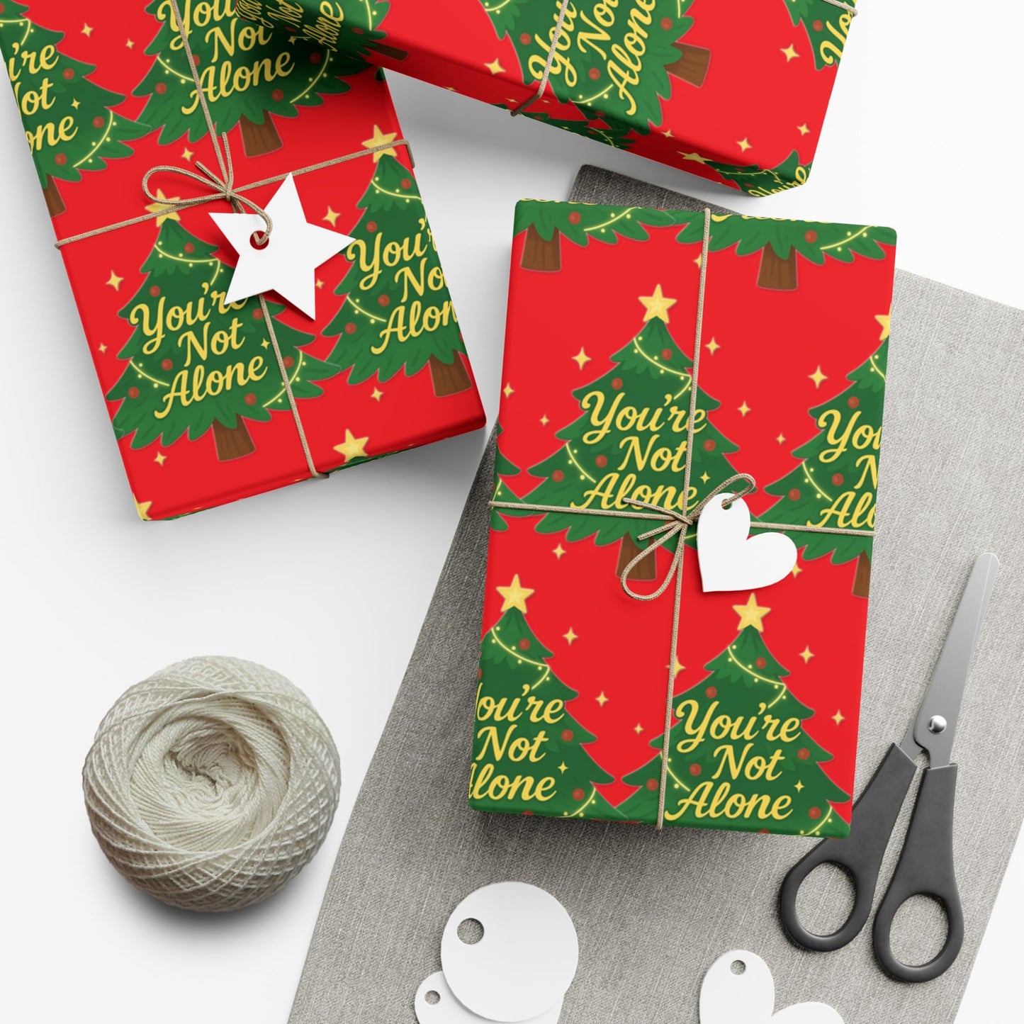 “You’re Not Alone” Holiday Wrapping Paper | Red & Green Christmas Gift Wrap with Uplifting Message