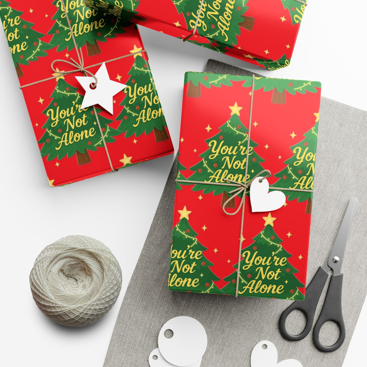 “You’re Not Alone” Holiday Wrapping Paper | Red & Green Christmas Gift Wrap with Uplifting Message