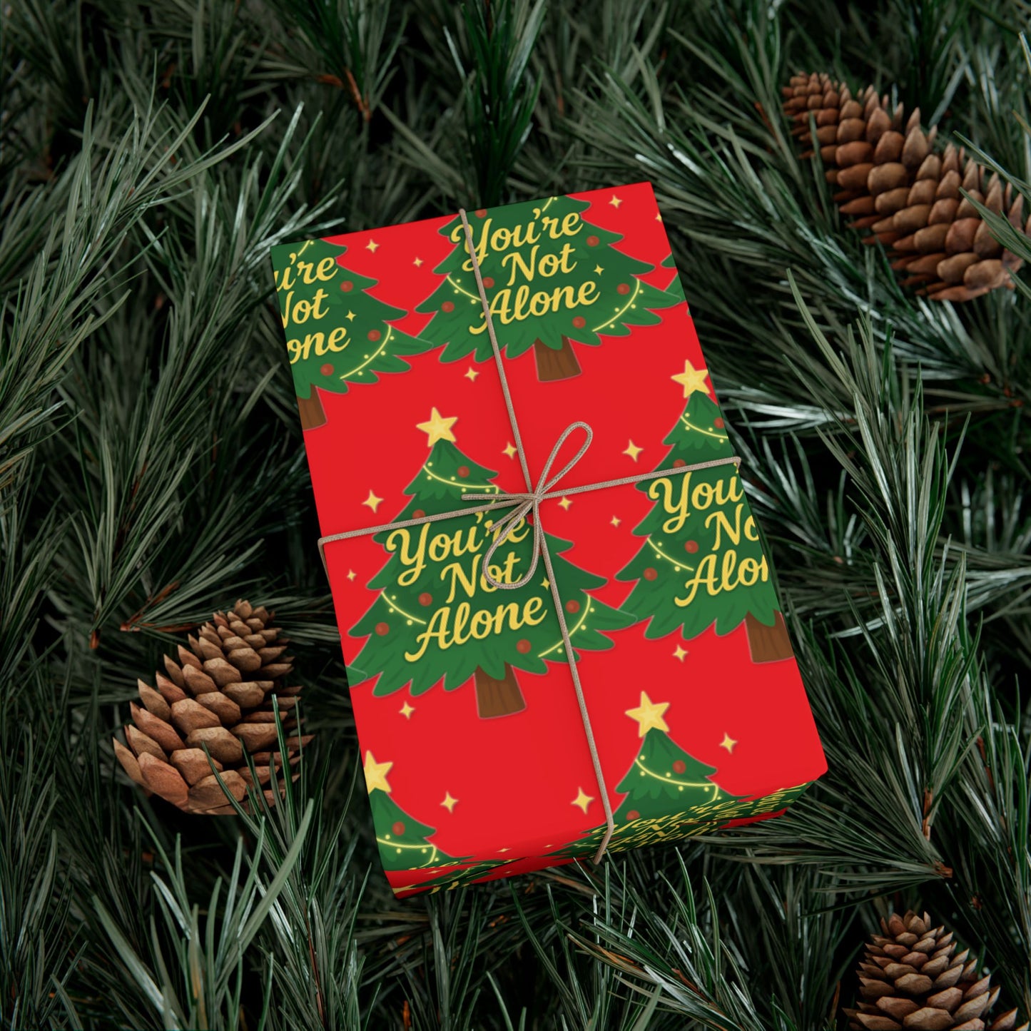“You’re Not Alone” Holiday Wrapping Paper | Red & Green Christmas Gift Wrap with Uplifting Message