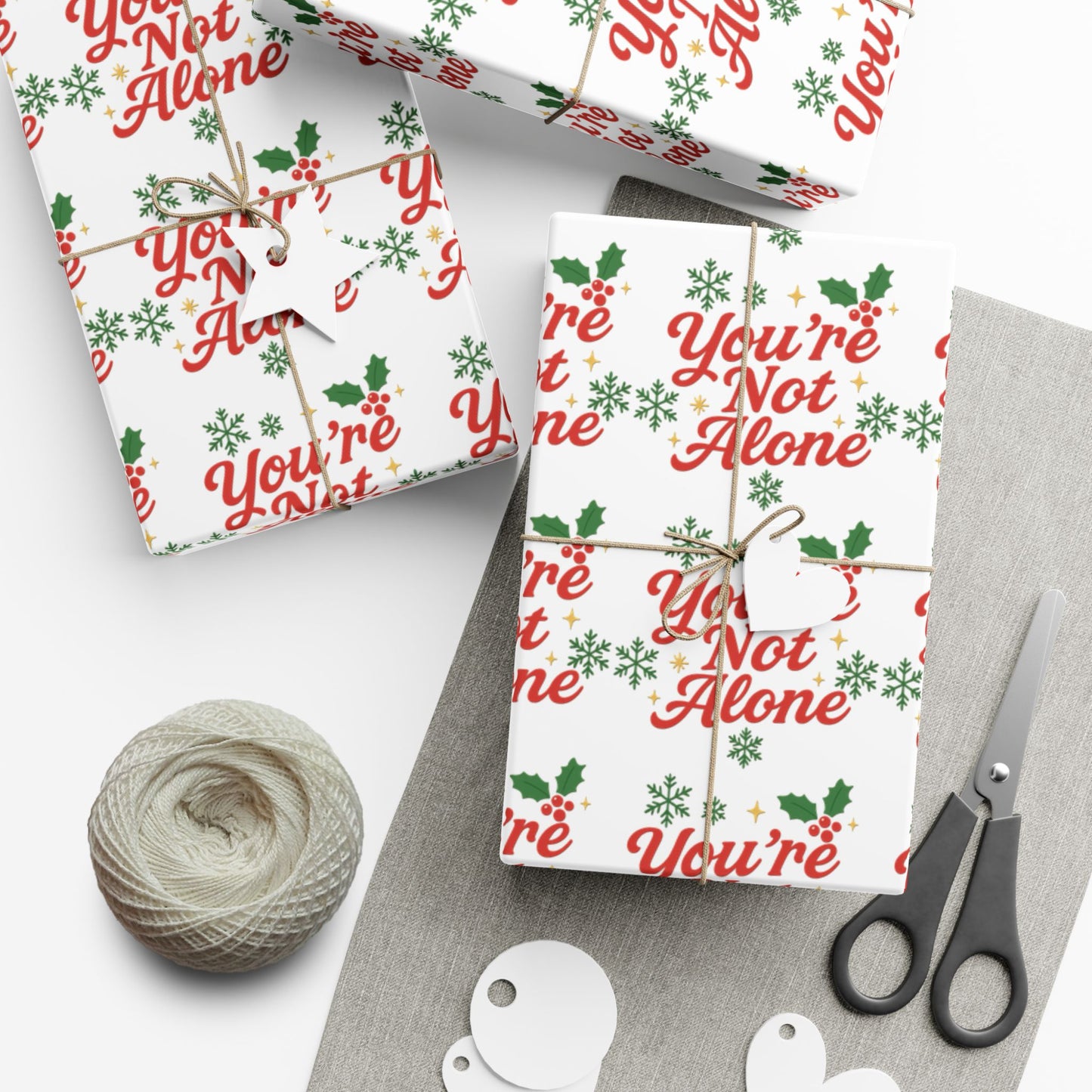 You’re Not Alone Holiday Wrapping Paper | Red & Green Festive Gift Wrap with Positive Message